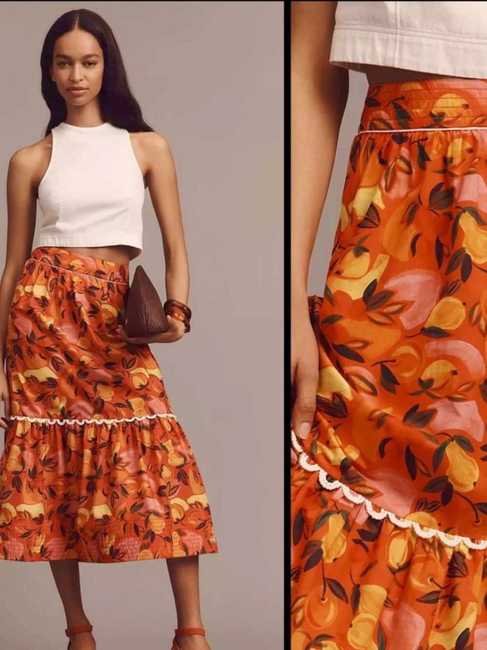 FARM Rio Orange Floral Tiered A-Line Midi Skirt brand new size x-large